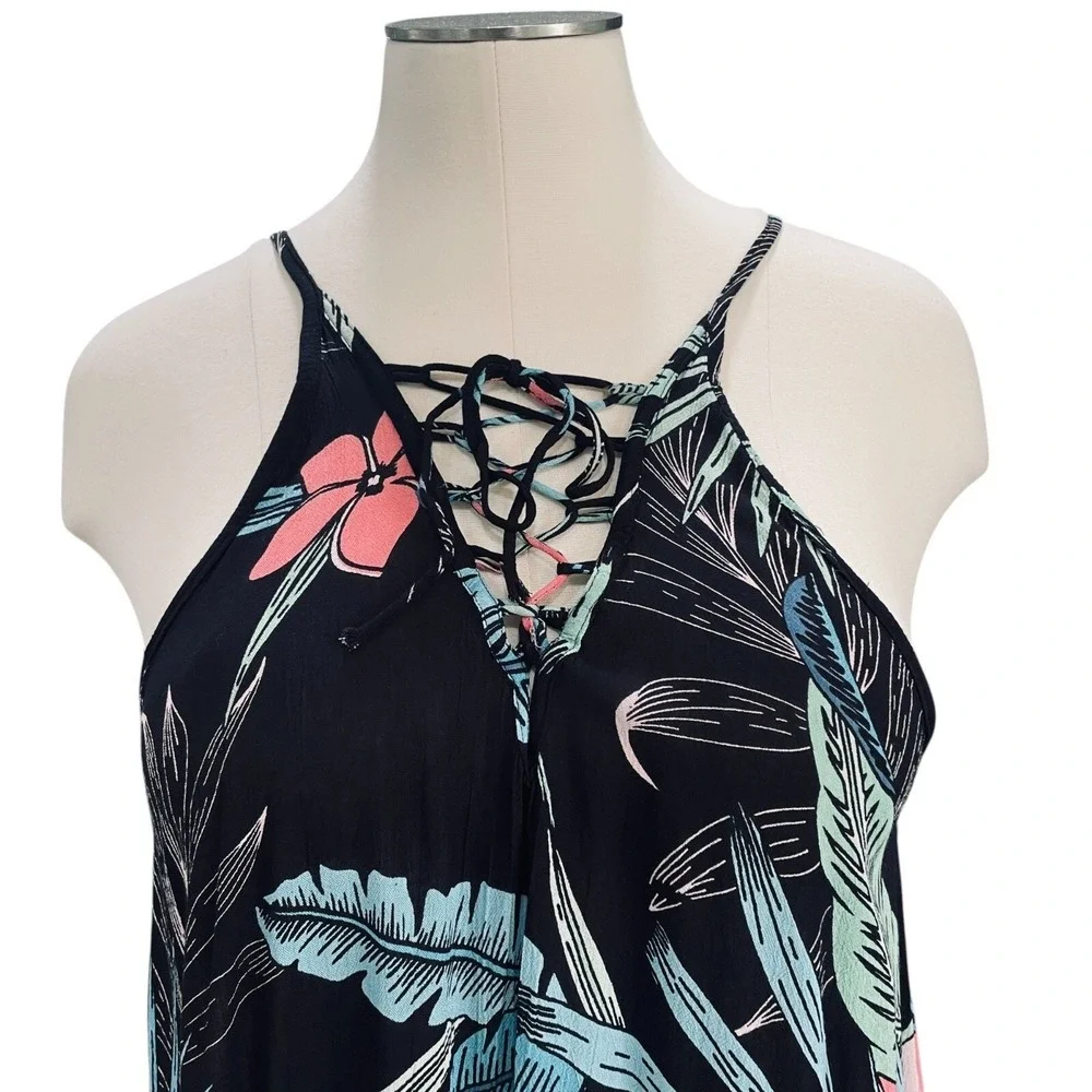 Lagaci XL Tropical Floral Lace-Up Sundress Beach Cover-Up‎ Black Pink Blue Pool